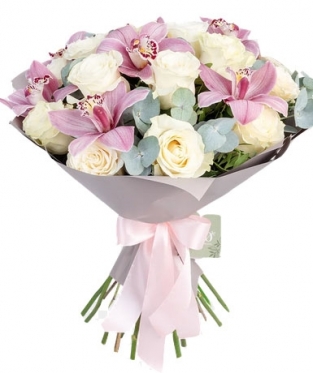White Roses & Pink Orchids. 7 sizes bouquets